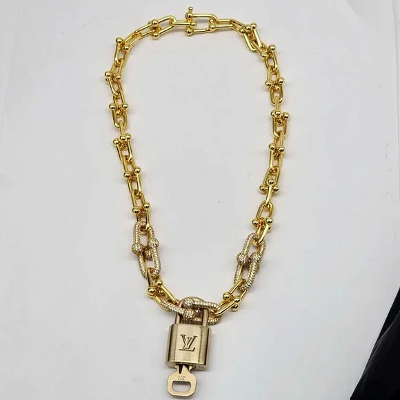 Auth Louis Vuitton Lock & Key w/Unbranded 925 Pure Silver Gold Plated Necklace